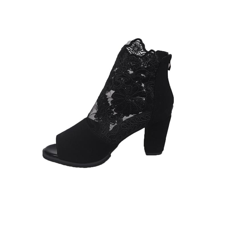 Fashion Stitched Embroidery Mesh High Heels Summer New Round Head Open Toe Back Zipper Anti-slip Wear-resistant Thick Heels