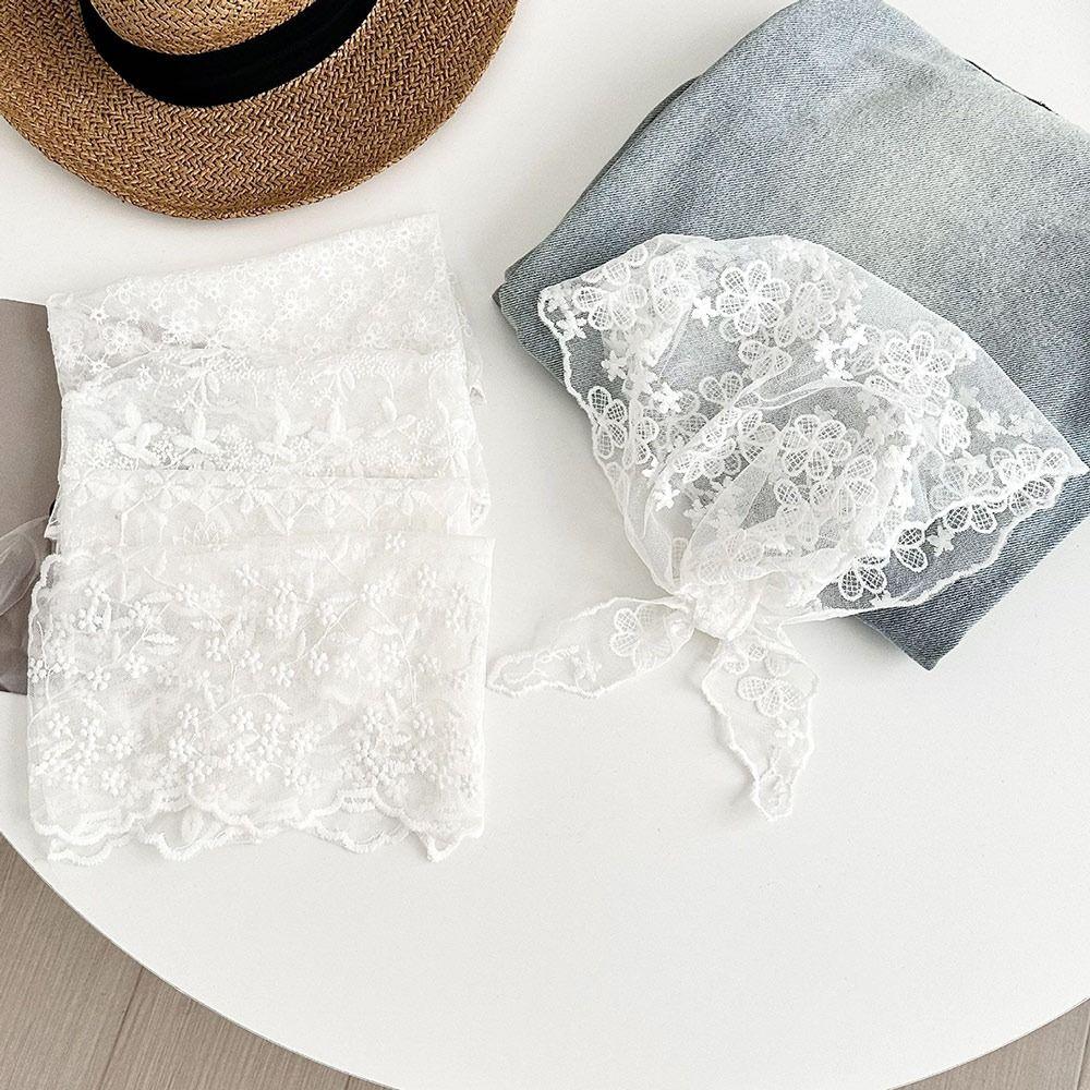 Embroidered Lace Triangle Headscarf Hollow-out White Hair Bandana Woven Floral Pastoral Style Butt Curtain Skirt