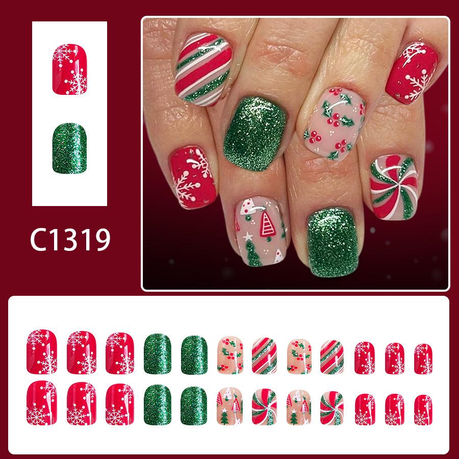 

Short Square Glossy Press On Nails 24Pcs Christmas 2026 New Design Snowflake Tree Stripes Red Green Glitter червоний
