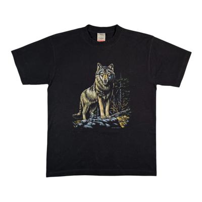 Vintage 1996 Wolf T-shirt Animal Nature Graphic Screen Stars Black Tee L