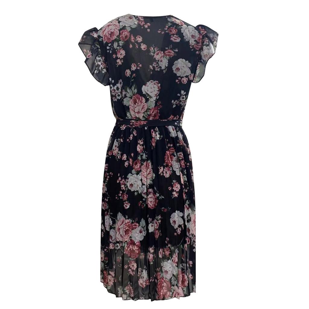 Women's Fashion Slim Sweet Sleeves Waist Floral Pleated Waist Dress