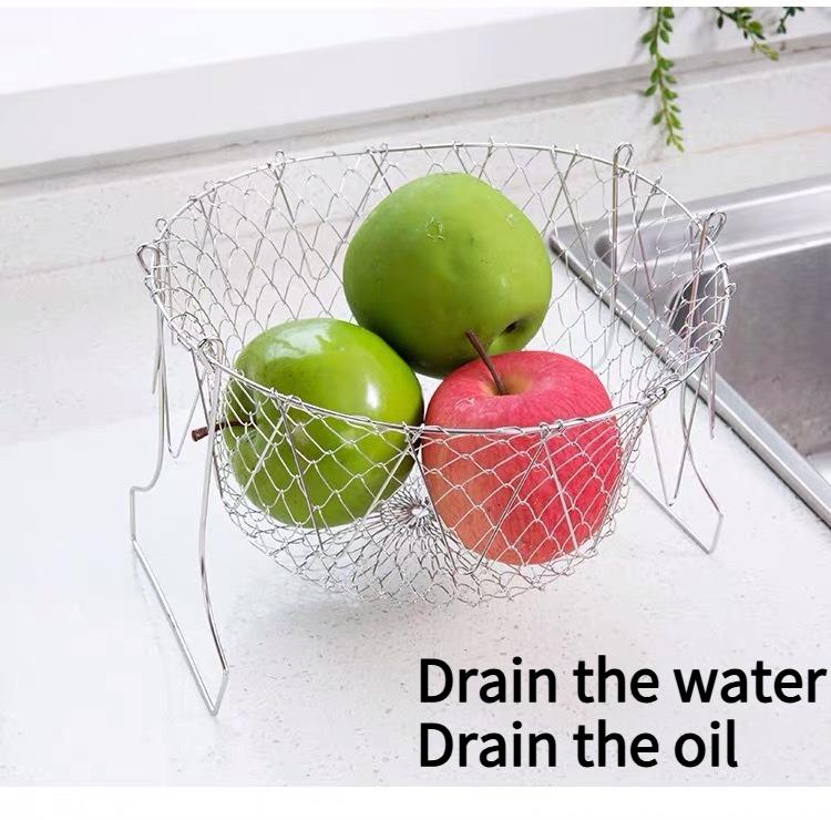 1PC 304 Stainless Steel Frying Basket Household French Fries Fried Chicken Wings Telescopic Folding Round Filter Drain Basket Frying Basket