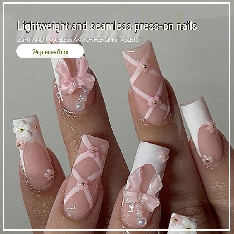 

Pearl Bow Flower Wearable Nails - French White Edge False Nail Art Pieces UV Gel Glue