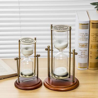 European Style Wooden and Metal Rotating 15-Minute Hourglass Timer - Office Decor, Home Ornament, Student Gift