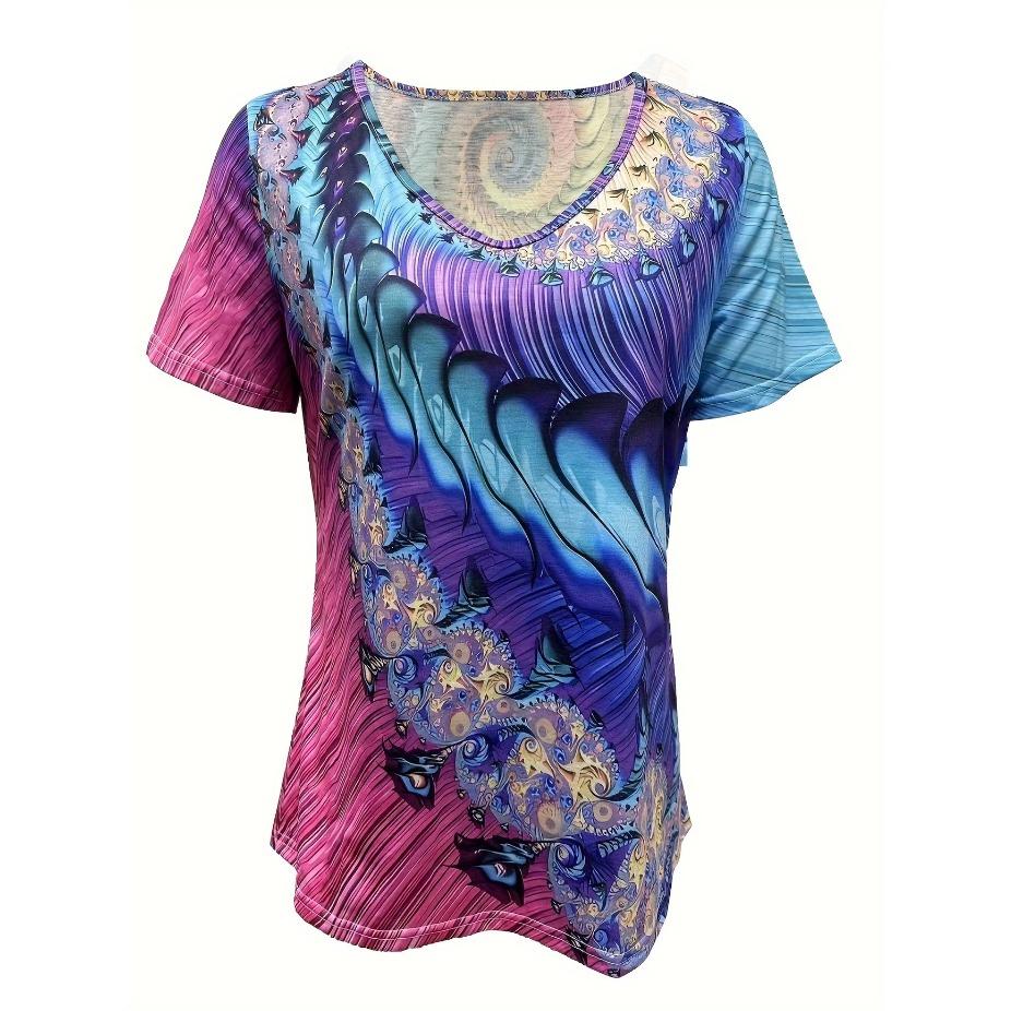 Vibrant Floral Print Short Sleeve V Neck T-Shirt - Women's Leisure T-Shirts for Spring & Summer - Comfortable,