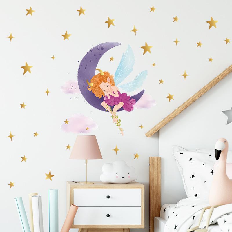 Goodnight Moon Girl with Stars and Clouds Wall Sticker Self-Adhesive Removable for Kids Room Nursery Home Decor