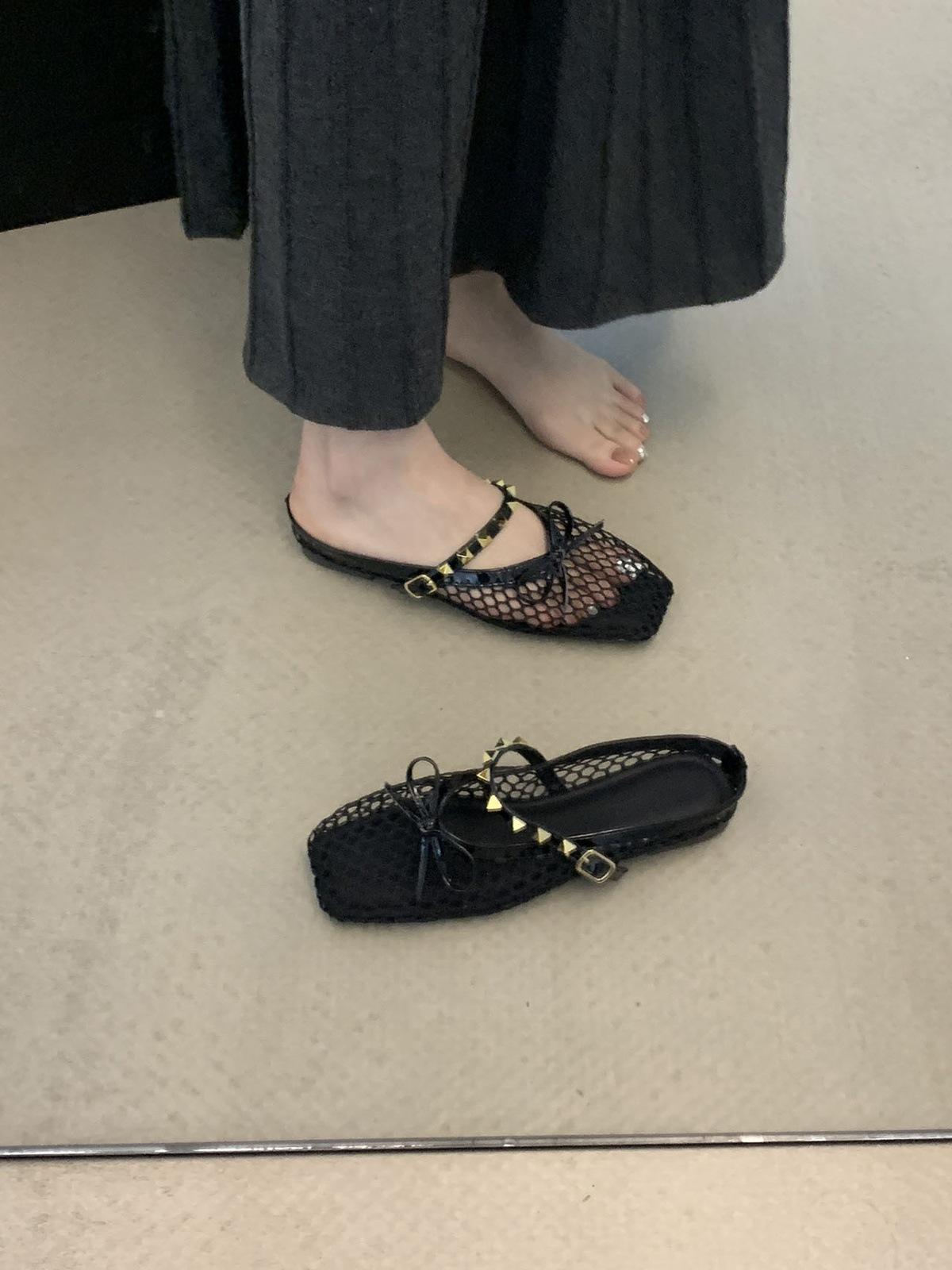 

Retro bow bag head half slippers women s outer wear summer mesh one-pedal single shoes Mary Jane 40 чорний