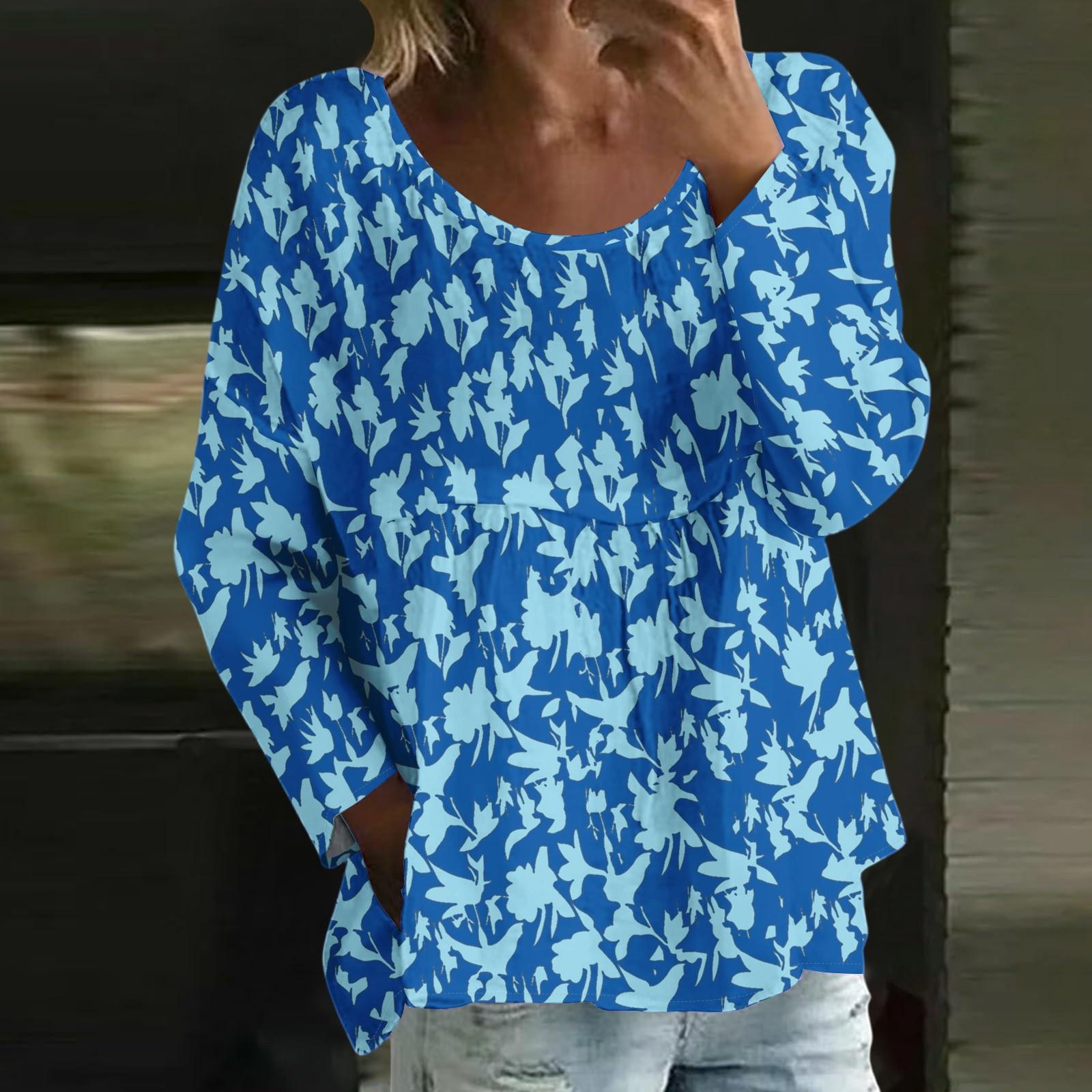 

Женский повседневный модный свободный топ с круглым вырезом и цветочным принтом, с длинным рукавом S синий