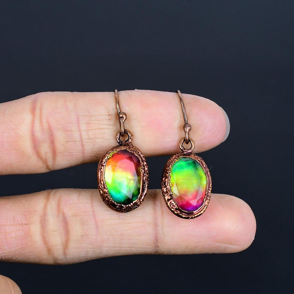 Ammolite Earrings Gemstone Jewelry, Copper Electroformed Handmade Earrings, Latest Design Jewelry