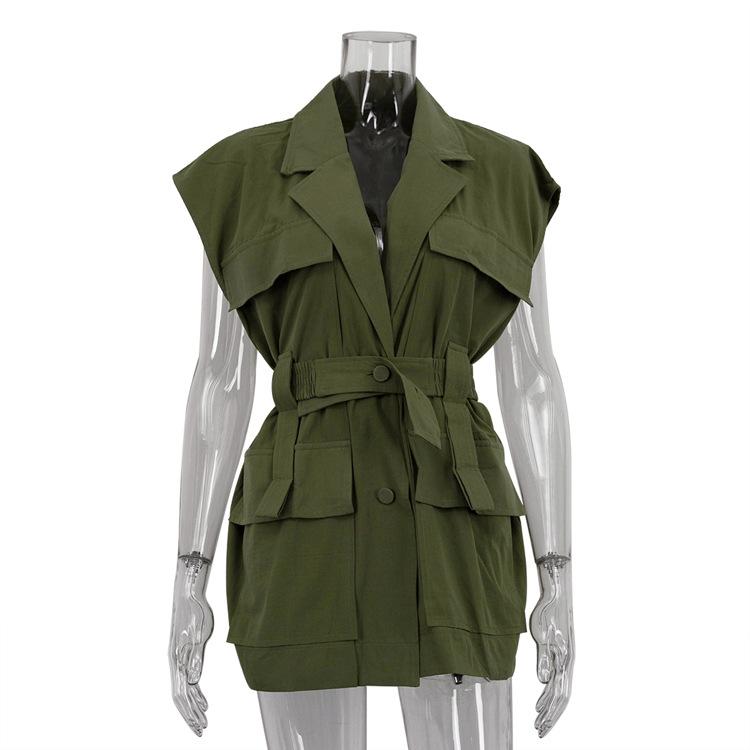 

women s Sleeveless Cargo Lapel Multi Pocket Belted Loose Fit Shirt Streetwear Casual Blouse Top L зелений