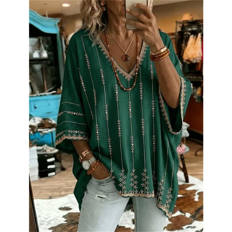 T-shirt da Donna Taglie Forti con Scollo a V e Maniche a Pipistrello Stampa Etnica Bohemien Top Largo Estivo Comodo Traspirante per il Pendolarismo Quotidiano Casual