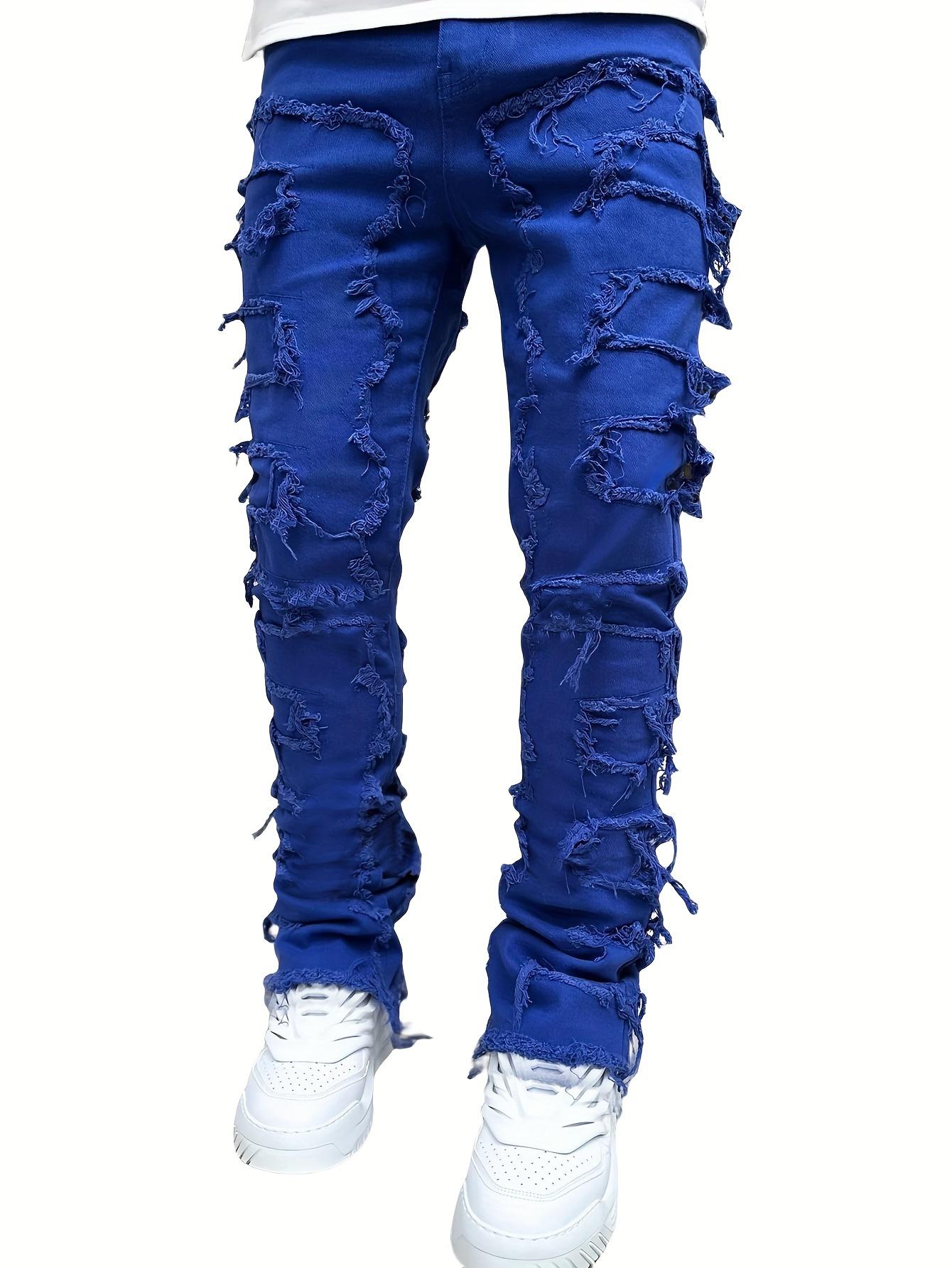 

Мужские джинсы Regular Fit Stacked с рваными зауженными заплатками с потертостями и рваными прямыми джинсовыми брюками в стиле хип-хоп, уличная одежда, ткань для брюк S королевский синий