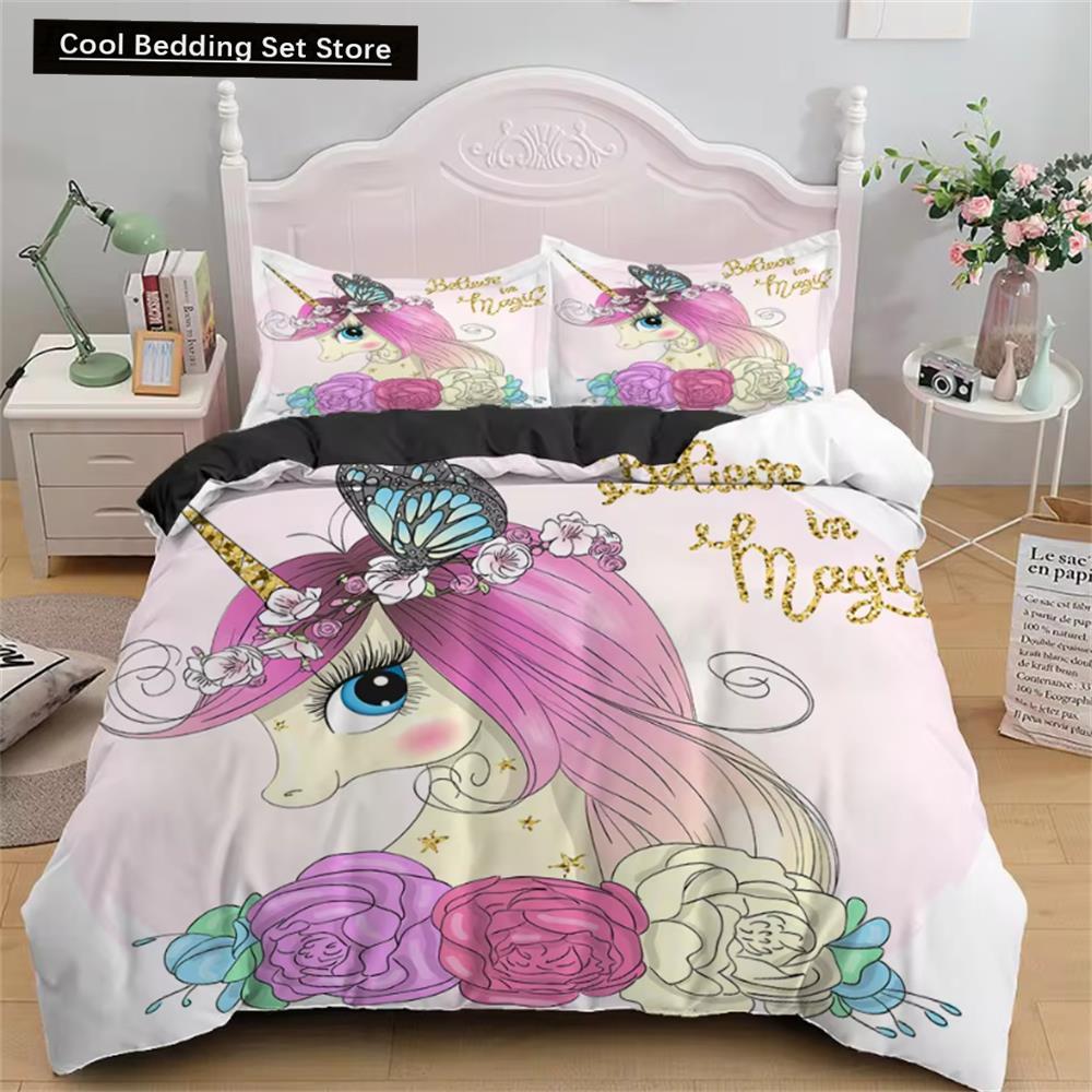 Kinderbettwäsche-Sets, Geschenke, Bettbezug-Sets mit Einhorn- und buntem Pferdedruck für Kinder, Mädchen und Jungen, 2/3-teilig, einzelne rosa Steppdecken