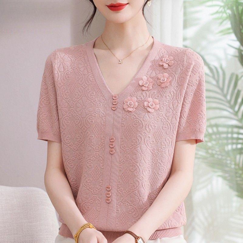 2026 Summer Ice Silk Blouse & T-Shirt Set for Moms and Seniors