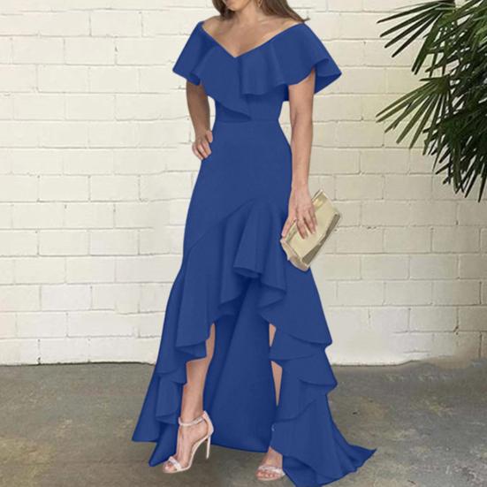 Women Evening Dress Ruffle Patchwork V Neck Slim Fit Irregular Hem Sleeveless Floor Length Pure Color Ball Gown Party Banquet Maxi Dress