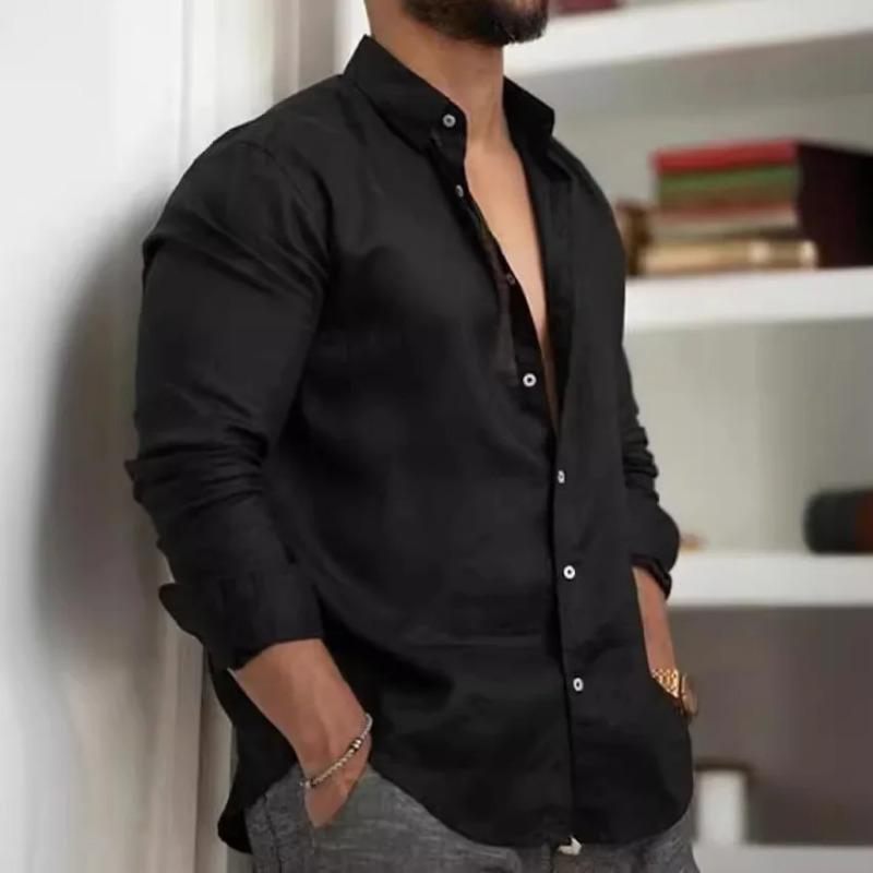 Men's Long-sleeved Shirt Youth Casual Versatile Top Solid Color Business Cotton Linen Single-breasted