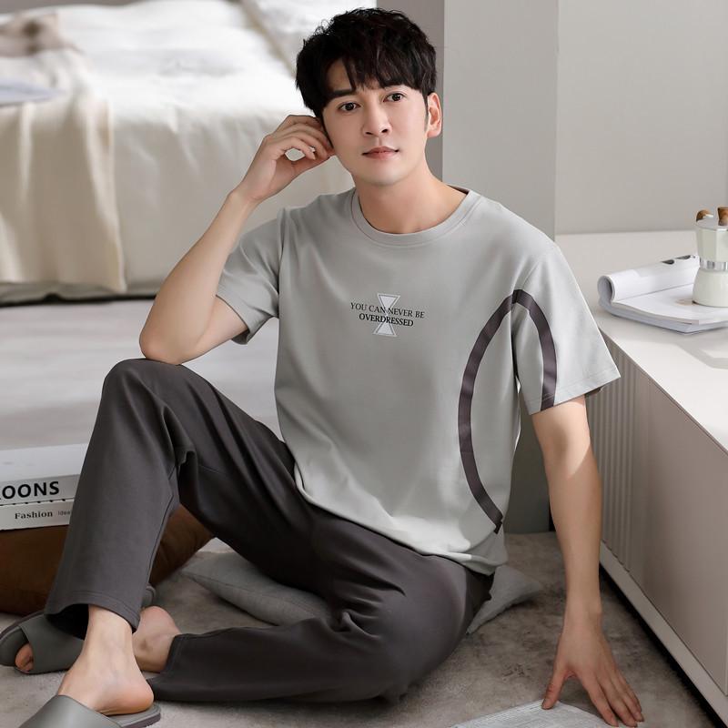 Blue Color Men's Cotton Pajamas Set for Summer Short Sleeves Sleeping Top Long Pant Nightwear Young Boy Home Clothes