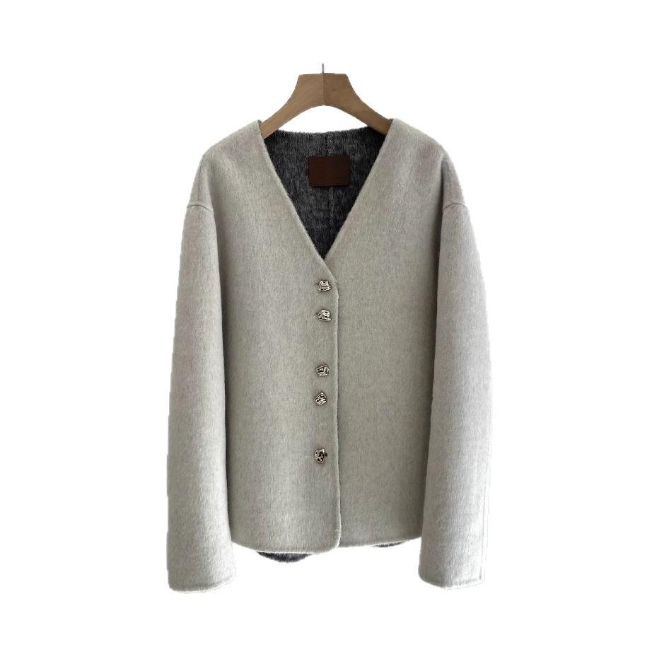V-neck gray and white double-sided wool coat on both sides, short loose niche design women's color matching coat