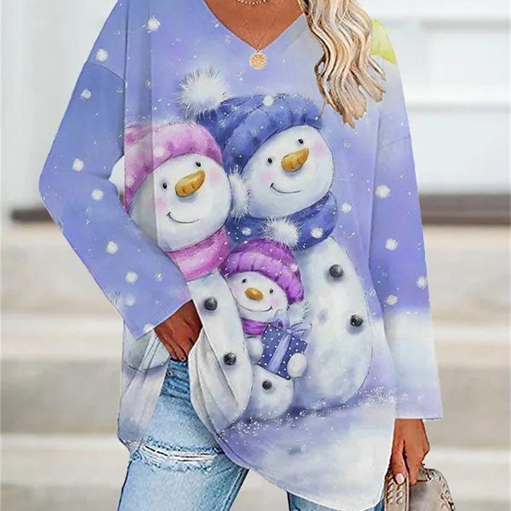 Spring and Autumn V-neck 3D Christmas Theme Printed Top Fashionable Casual Long Sleeved Women's T-shirts