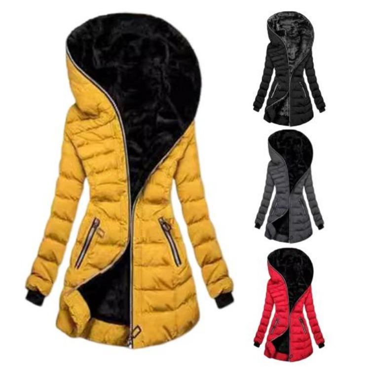 Winter Women Hooded Padded Down Jacket Mid Length Cotton Coat Plush Lined Windproof Zip Up Long Sleeve with Elastic Cuffs Outdoor