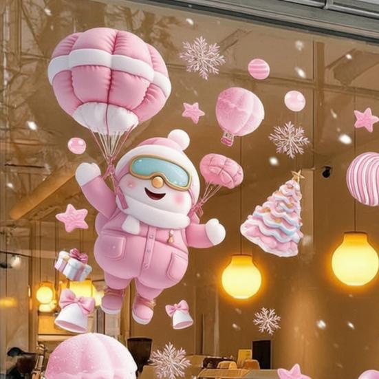 Festive Shop Window Supplies 9Pcs Pink Christmas Static Clings, Santa Snowman Bunny Penguin Glass Cute Rabbit Stickers Decals, Reusable Xmas Stickers,