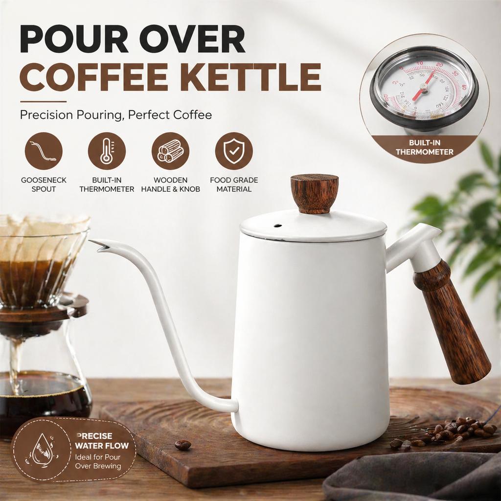 Coffee Pot with Lid Thermometer 304 Stainless Steel Clear Scale Solid Wood Handle High Quality Hand-made Coffee Utensils 600ML