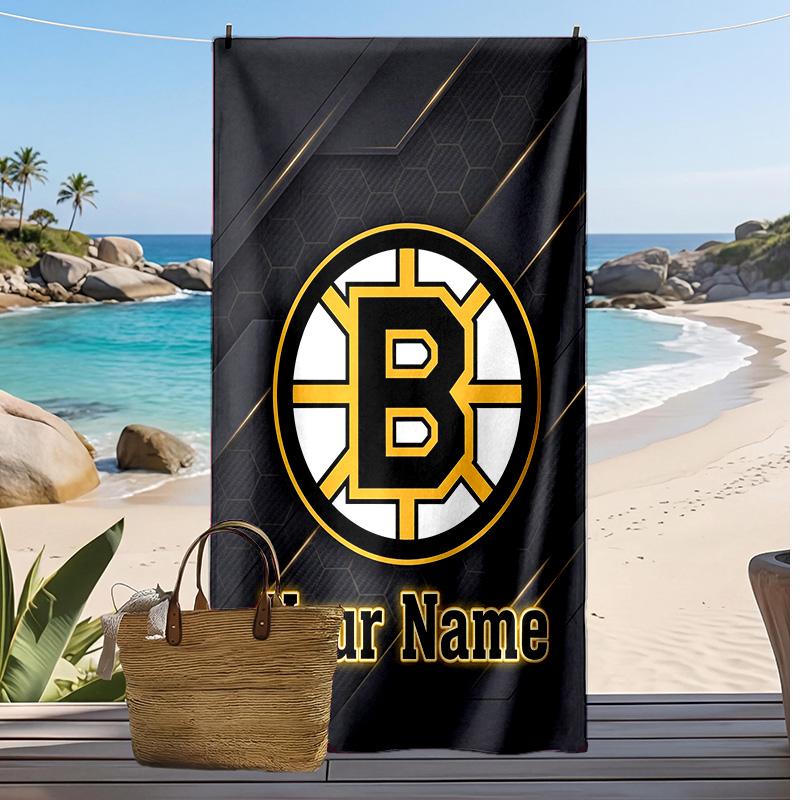 Asciugamano da Spiaggia Personalizzato Boston Bruins, Stampa il Tuo Nome Testo Asciugamano Leggero Assorbente per Nuoto Viaggio