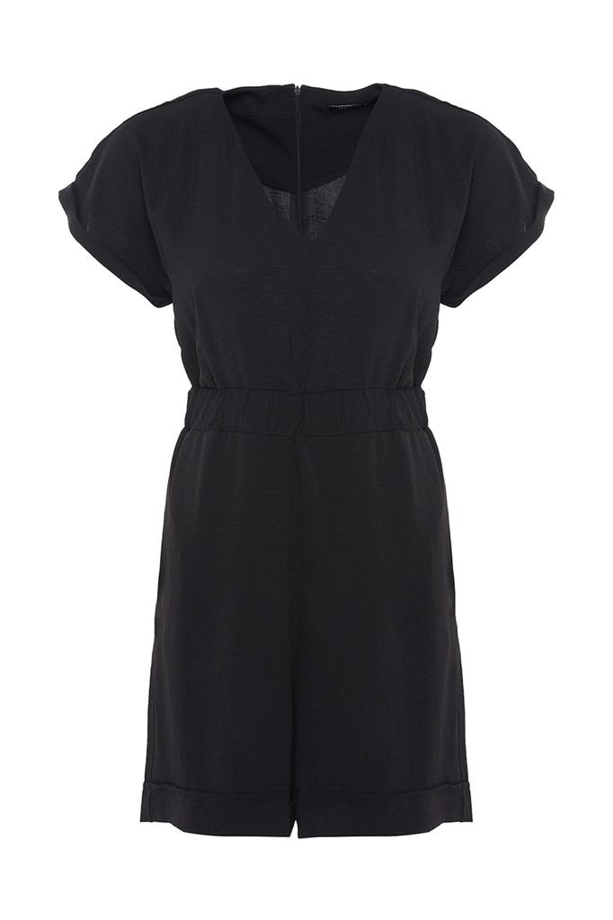 Women's Fashion New Big Size Jumpsuit Black Woven V-Neck Jumpsuit