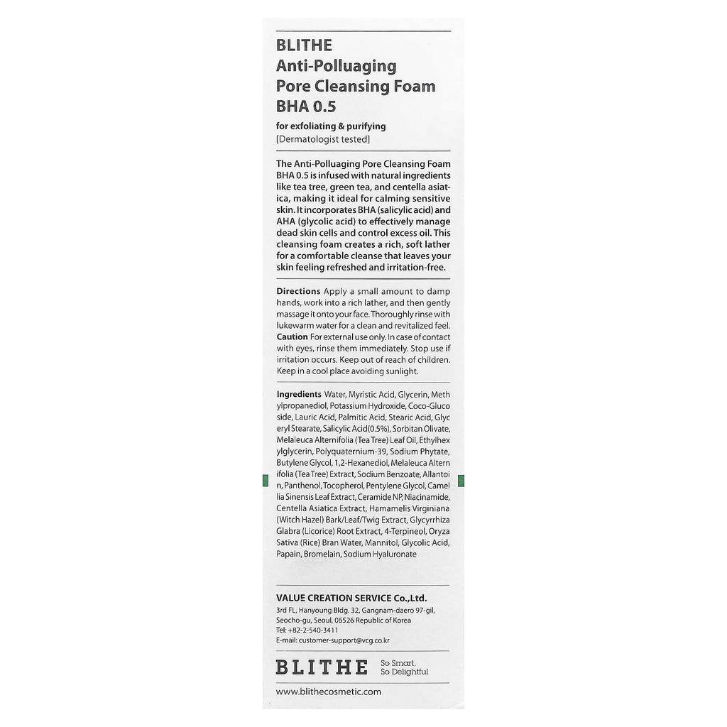 Blithe, Anti-Pollution Aging Pore Cleansing Foam, BHA 0.5, 150ml (5.07 fl oz)