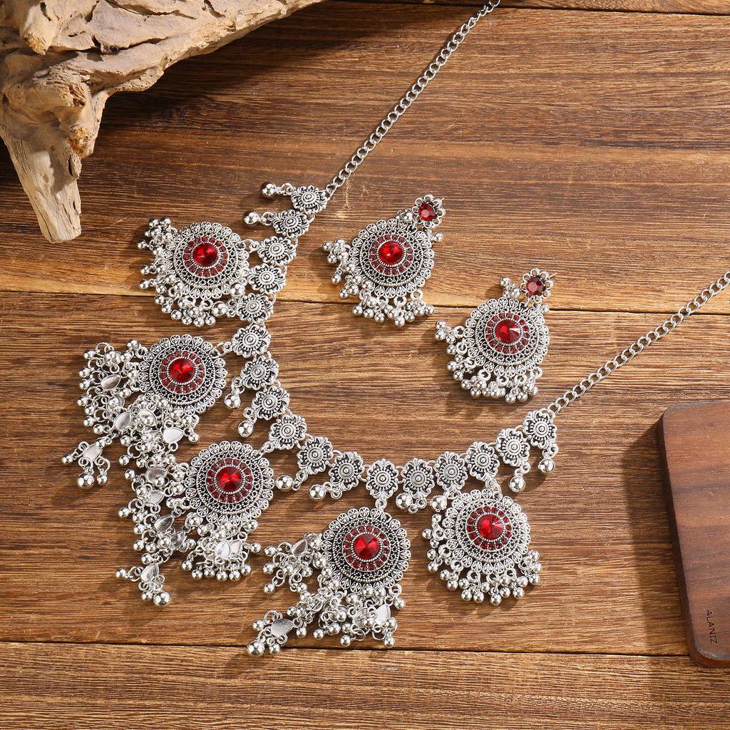 Exaggerated Indian-Style Rhinestone Tassel Necklace & Retro Ethnic Earrings Set