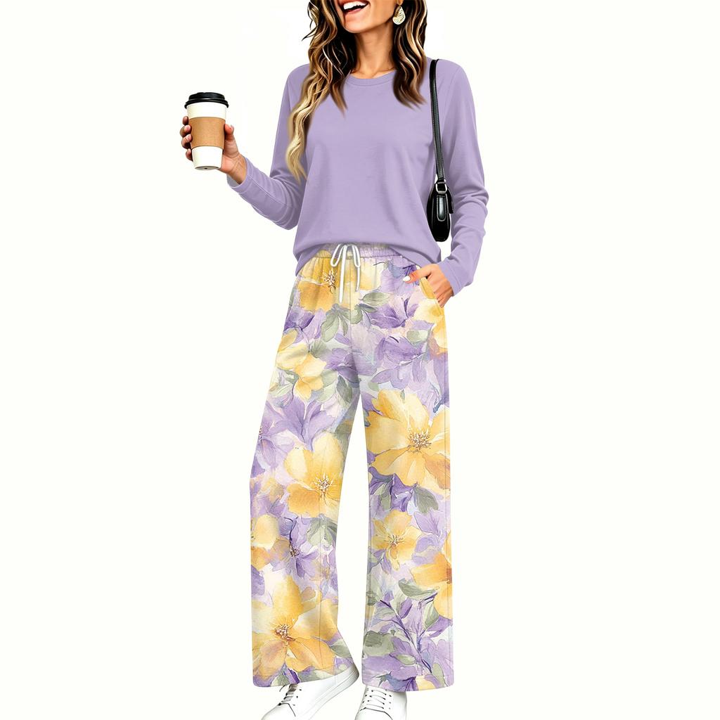 Women's Casual Printed Long Sleeve Pajama Set with Round Neck Loose Fit and Pockets