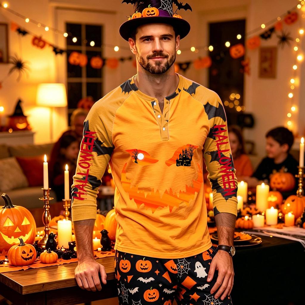 Men's Long Sleeve Shirt with Halloween Print Pattern for Casual Wear