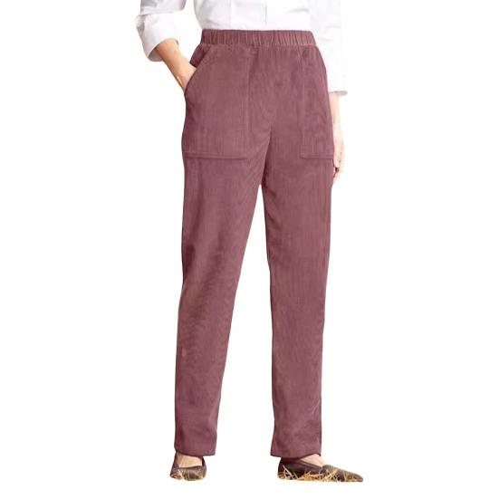 Corduroy Casual Pants Elastic Waist Women Long Pants with Pockets Solid Color Straight Leg Commuting Office Travel Slacks