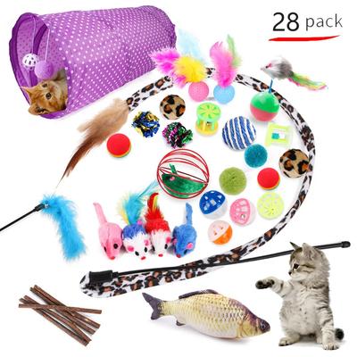 28Pcs/Bag Pet Cat Toy Feather Mouse Tease Cat Channel Sisal Ball Grinding Teeth Cat Toys Interactive