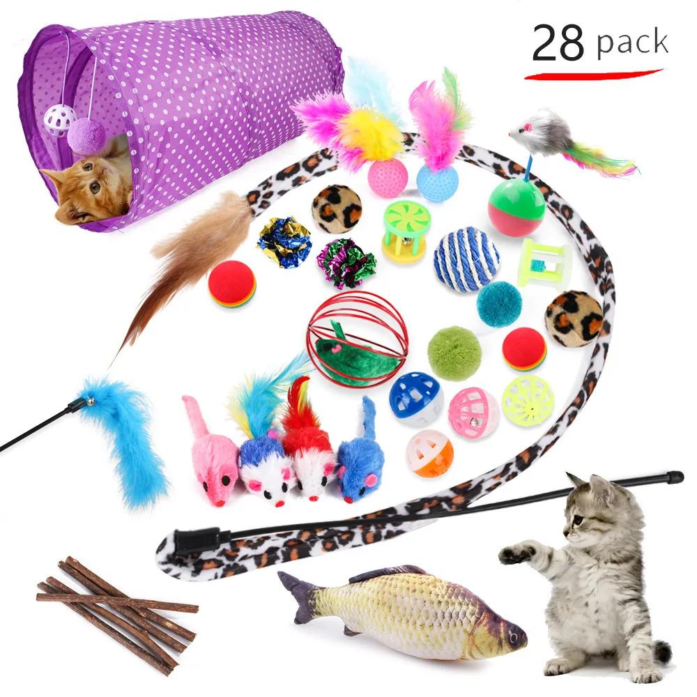 28Pcs/Bag Pet Cat Toy Feather Mouse Tease Cat Channel Sisal Ball Grinding Teeth Cat Toys Interactive