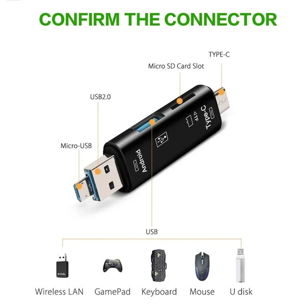 USB Type C Micro USB OTG Card Reader 5in1 Multi Function Portable Adapter Expand Storage for Memory Cards