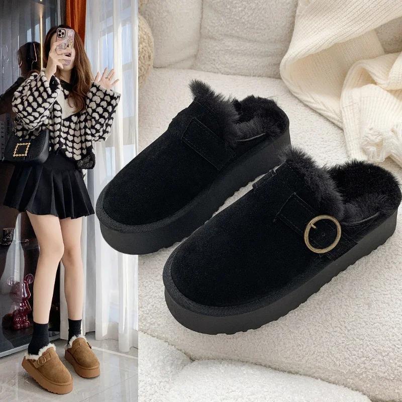 Fashion Women's Shoes 2024 Fashion Closed Toe Women's Slippers Winter Plush Fleece for Warmth Solid Platform Casual Comfortable Slippers