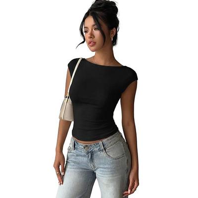 Damen Bootausschnitt Kurzarm Crop Top, Offener Rücken Blumenspitze Rückenfrei Figurbetont Lässig Tanktop