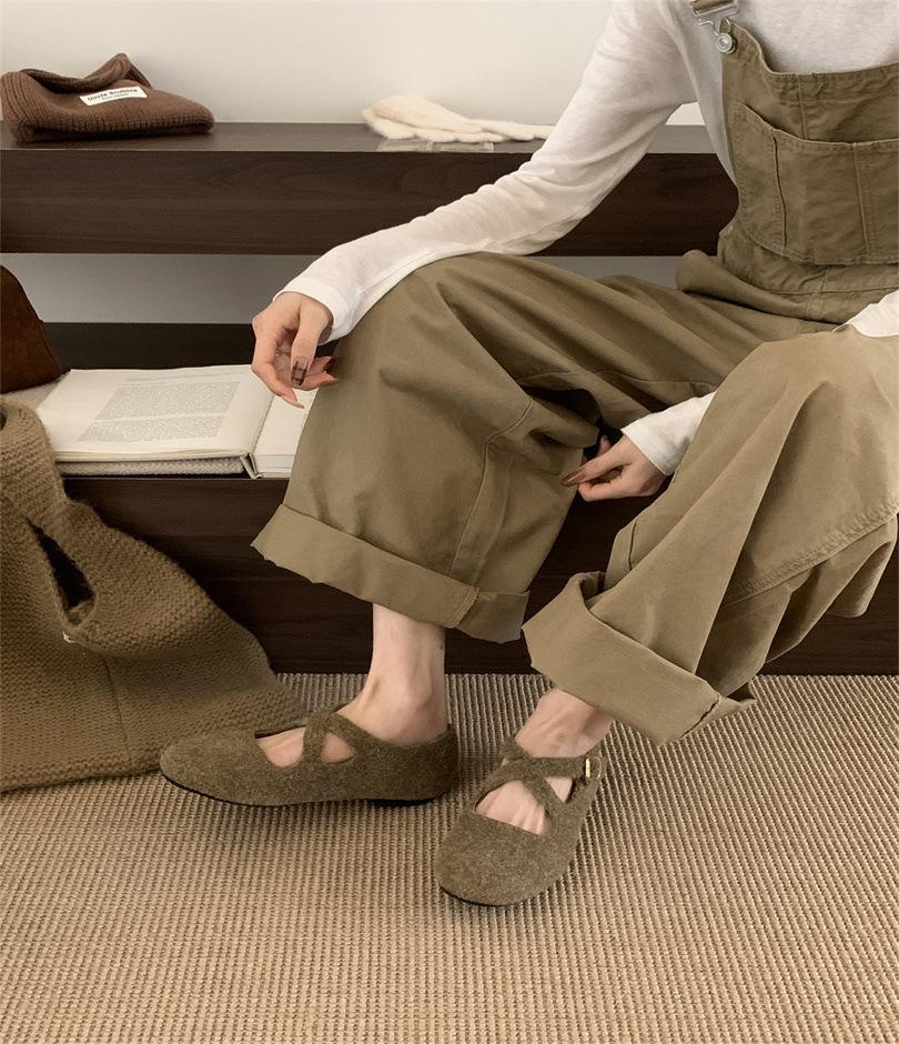Grape Mother Studiolee Soft Cute Round Head Cross Buckle Sweet Wind Suede Light Mouth Fluffy Mary Jane Single Shoes