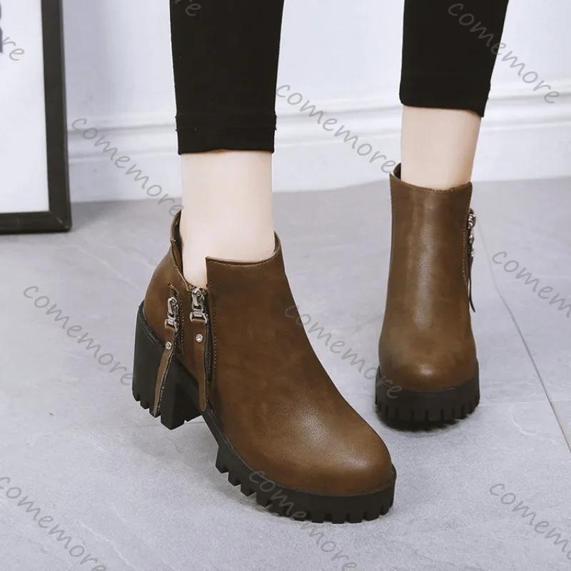 Fashion Comemore High Heels Ankle Boots for Women Spring New Fashion Thick Heel Pu Leather Platform Short Booties Ladies Zipper Botas