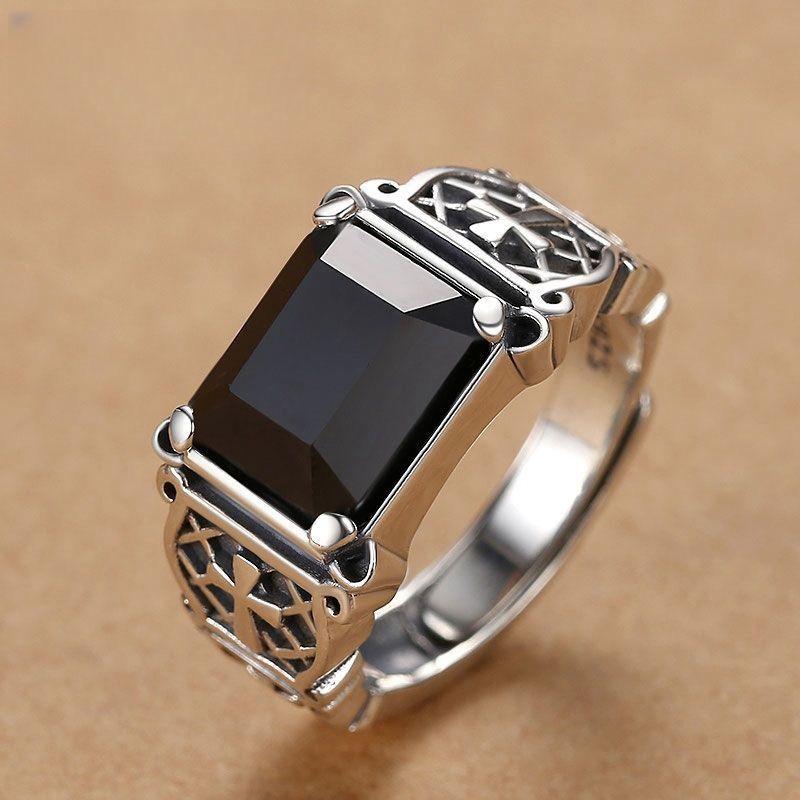 S925 Sterling Silver New Style Men Ring Fancy Trendy Domineering Personalized Hip Hop Cross Opening Ring Ornament