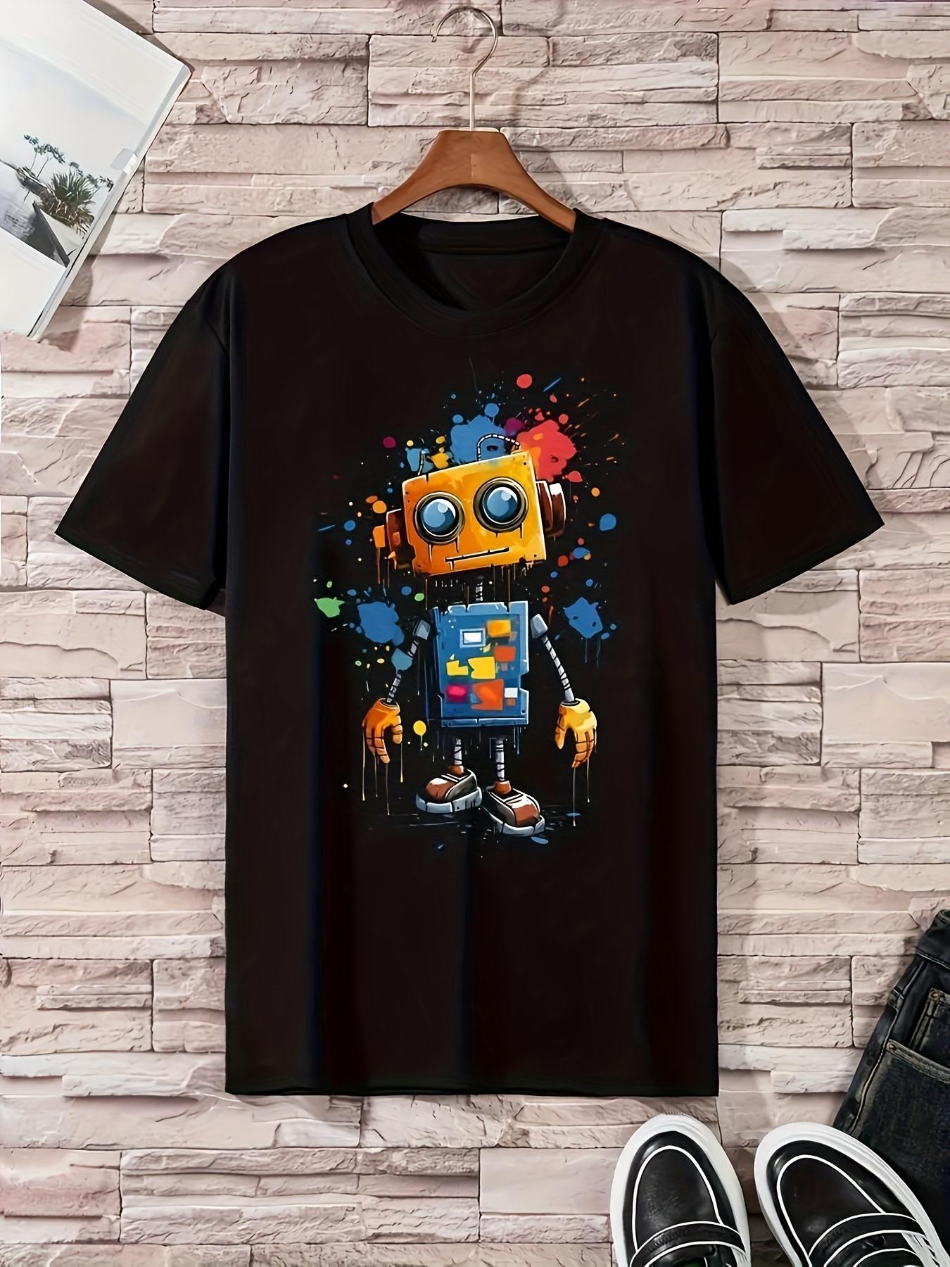 

Men s Casual Summer Robot Printed Round Neck T-shirt Soft and Comfortable Daily Pure Cotton Street Short Sleeved Shirt - Men ... S разноцветный