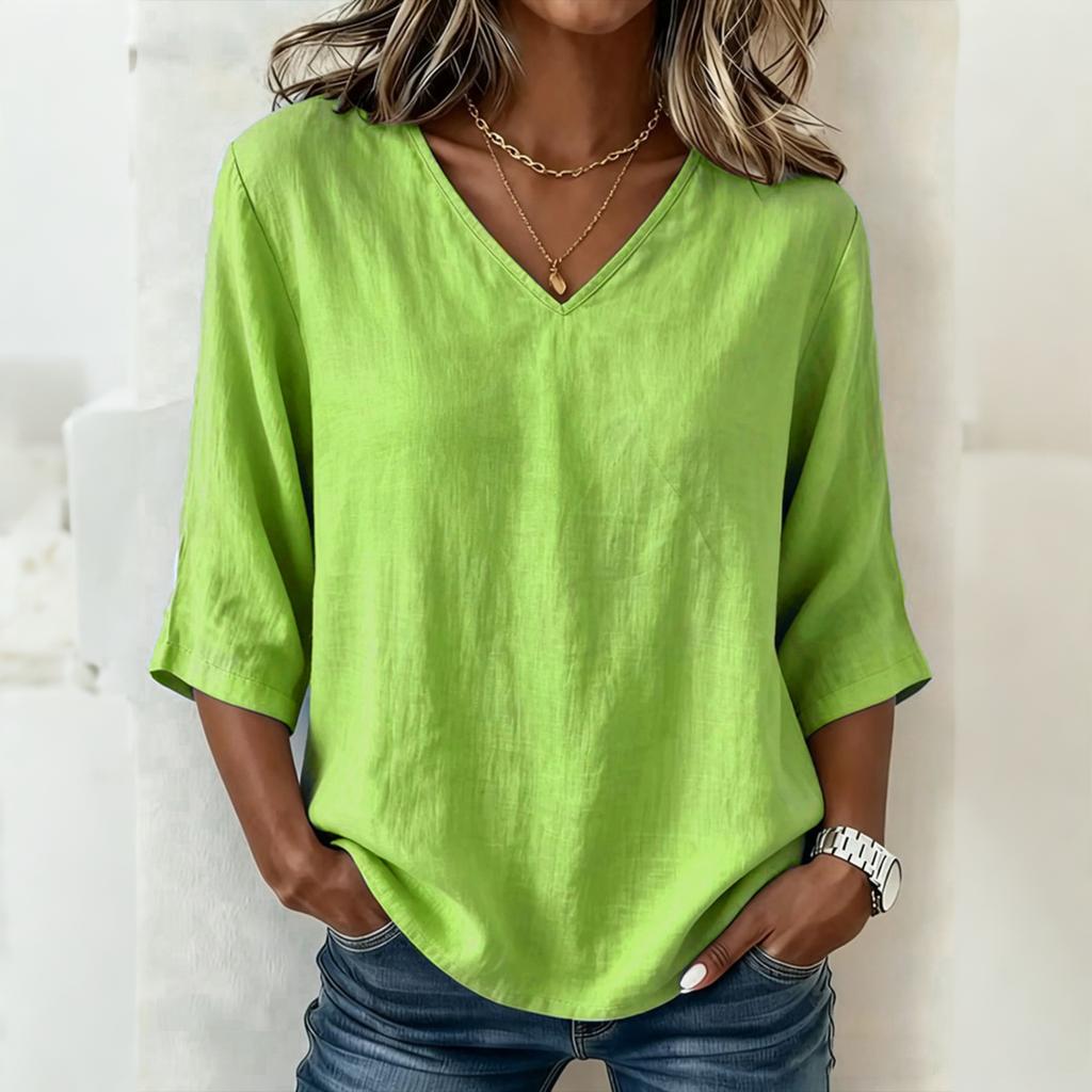 Women Loose Fit V Neck Top Mid Sleeve Relaxed Style Lightweight Jersey Cotton Casual Shirt for Everyday Wear