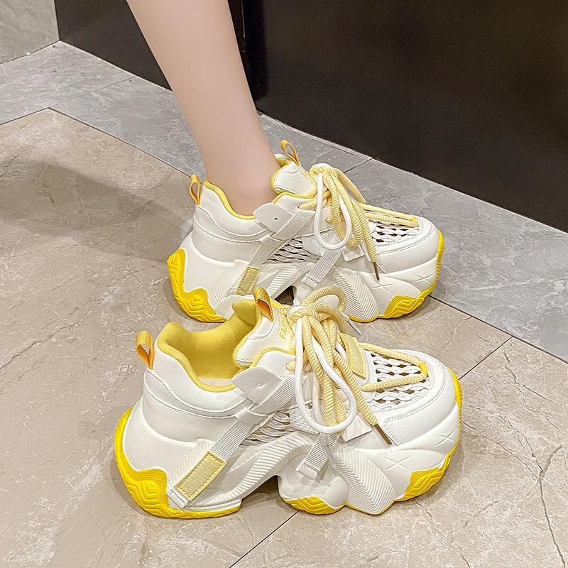 Large size mesh breathable dad shoes women 2025 new Korean version lace-up small man thick sole fashion temperament little white shoes