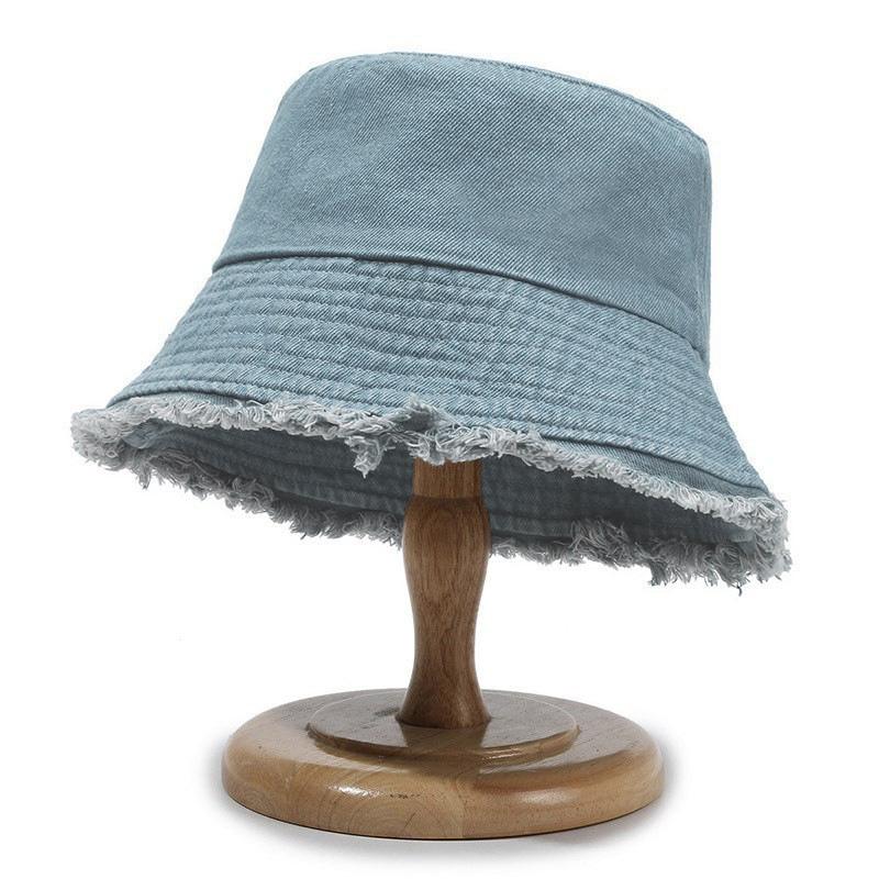 New Summer Washed Denim Blue Bucket Hat For Women Outdoor Sunshade Fisherman Cap Wide Brim Tassel Edge Label Sun Hat For Men