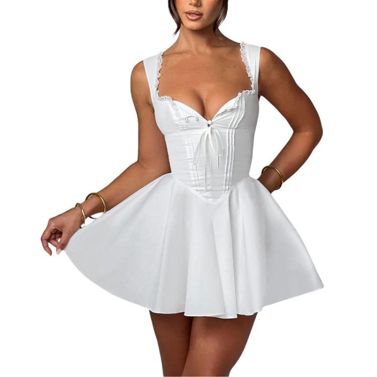 Tief ausgeschnittenes rückenfreies Mini-Korsettkleid für Damen mit Rüschensaum, ärmellos, A-Linie, Party-Club-Kleid