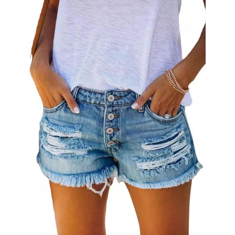 European and American Ripped Tassel Denim Straight Buckle Shorts Ripped Fringed Washed Denim Shorts