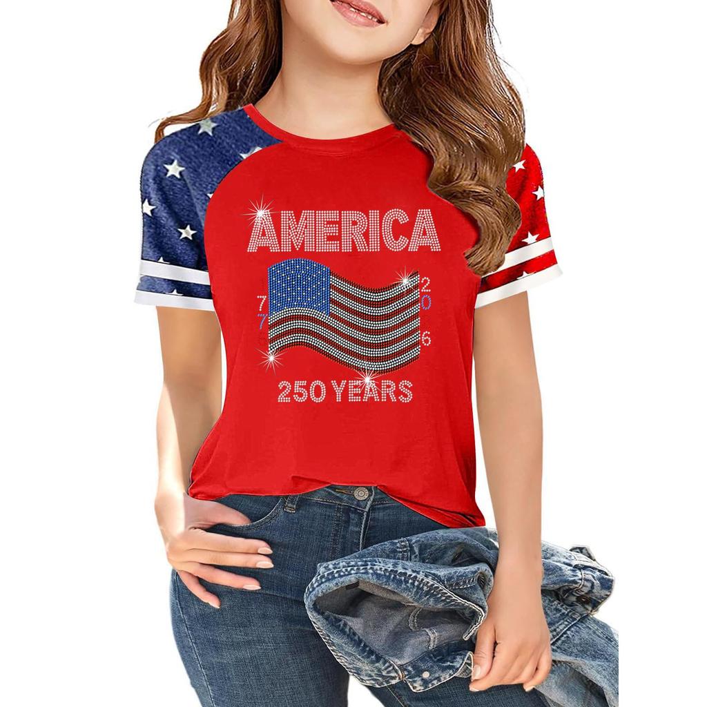 Kids Independence Day T-Shirt USA Print Short Sleeve Casual Crew Neck Top Patriotic Graphic Tee for Boys Girls Summer Wear