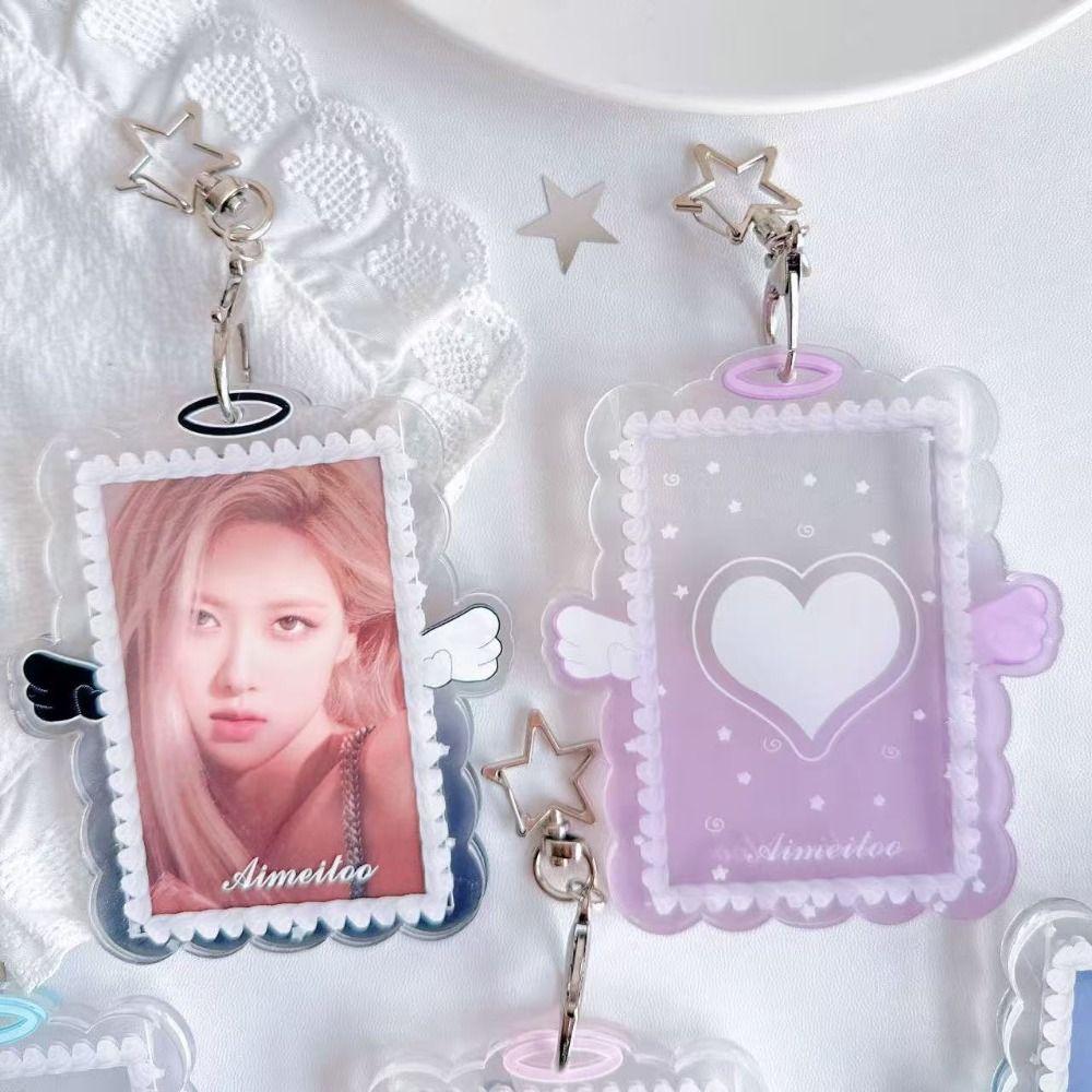3 Inch Card Holder Colorful Angel Wings Clear Acrylic Card Sleeve with Keychain Display Kpop Photocard Holder Bag Pendant