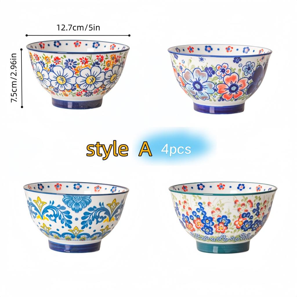 Vintage Polish Rice Bowls - 4pcs Set, Hand-Painted Ceramic for Soup, Salad, Yogurt